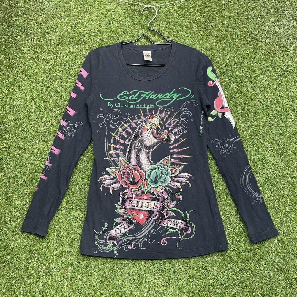 Ed Hardy Long Sleeve Shirt Womens Small Panther Stretch Slim Rhinestones y2k